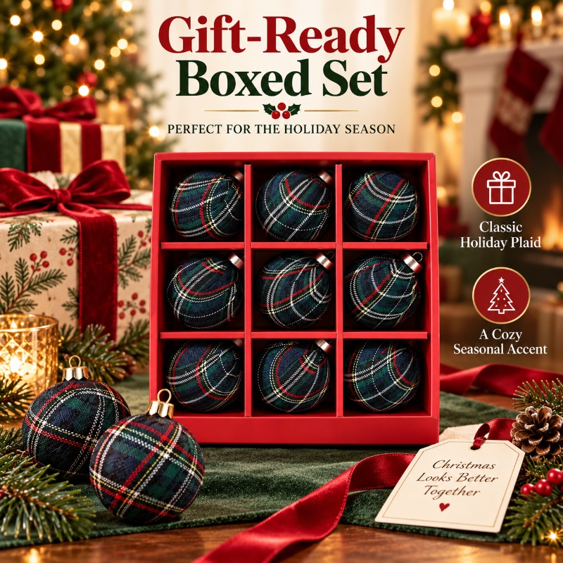Gift Box Wrap Set - 9個入り、8cmの布で包んだチェック柄のクリスマスオーナメント。クリスマスホリデーの飾り付けに最適な、木に吊るして飾るフォーム製のオーナメントとギフトボックスのセット。