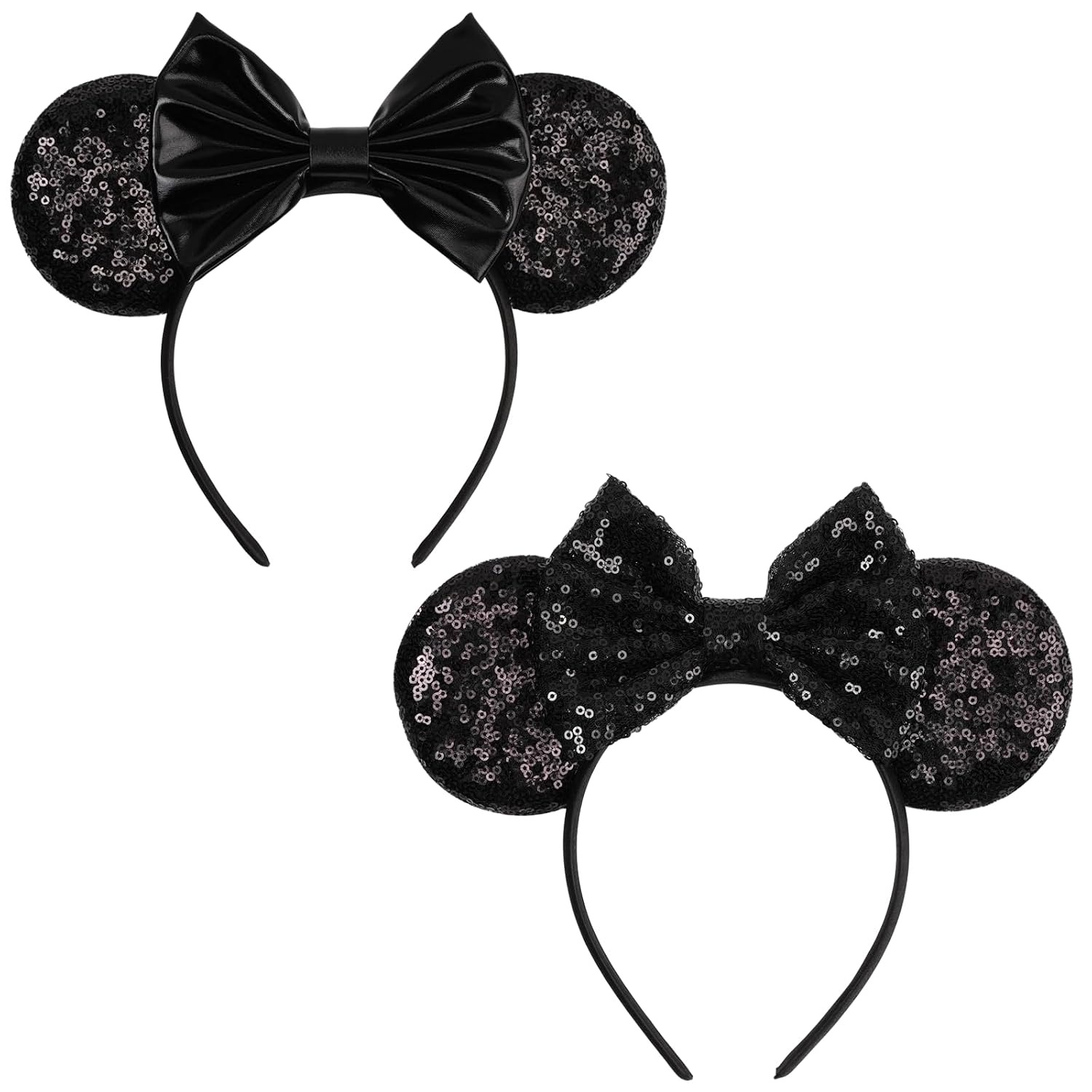 Ribbon Bow Gift - 2個セット ミッキーマウスの耳のヘッドバンド 大人用 ブラック PU/スパンコールリボン ヘアバンド