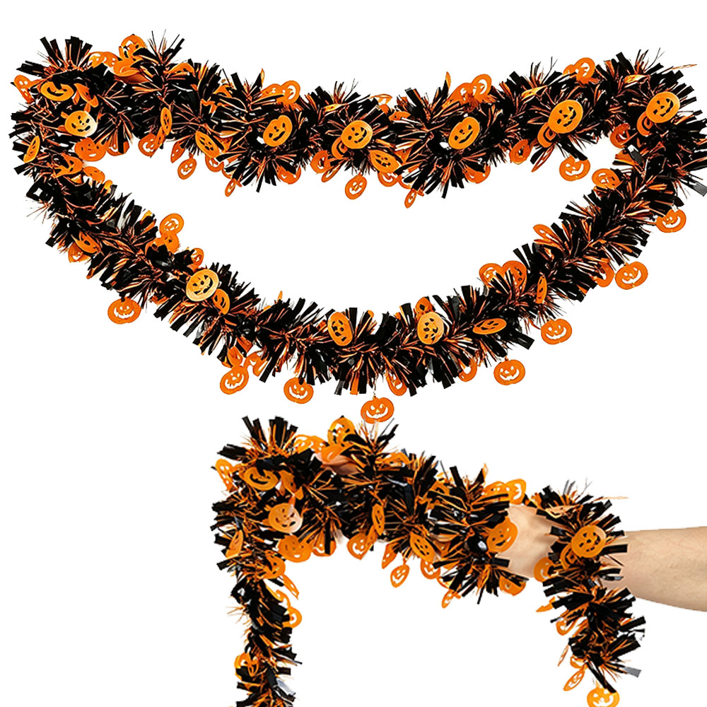 Tinsel Garland Decoration - ハロウィン用2mのティンセルガーランド、カボチャ、紫のコウモリ、光沢のあるツイストフォイルティンセルガーランド、室内・屋外パーティーの装飾用