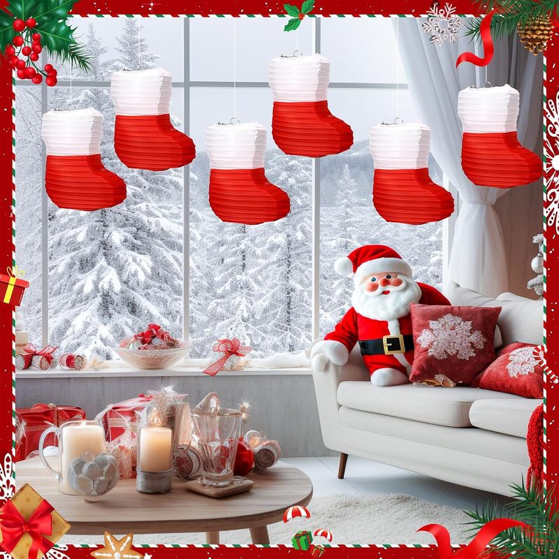Christmas Stocking Hanging - クリスマスペーパーランタン1個。クリスマスストッキング型ペーパーランタン。赤と白のクリスマス柄。ハニカム構造で折りたたみ可能。吊り下げ式。