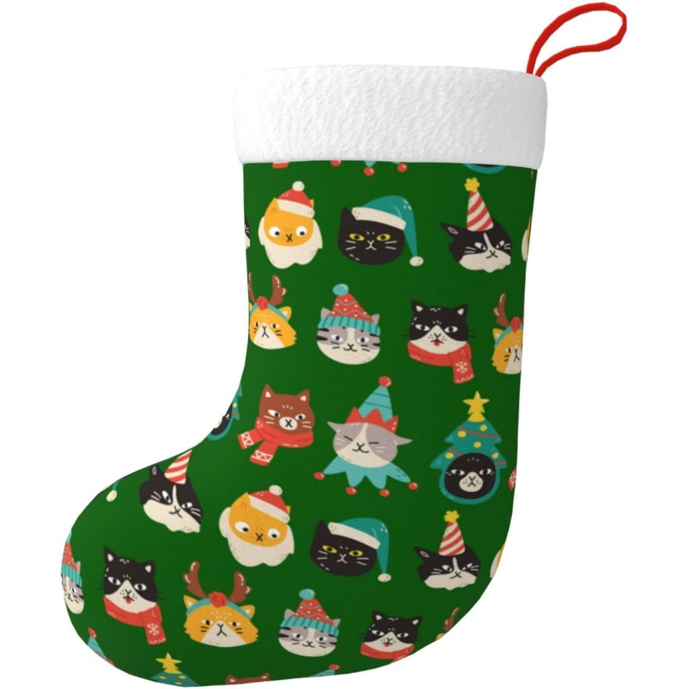 Christmas Stocking Hanging - かわいい猫グリーンクリスマスストッキング暖炉吊り下げ靴下ホルダー飾り家族クリスマスツリーパーティーホリデーデコレーションギフト