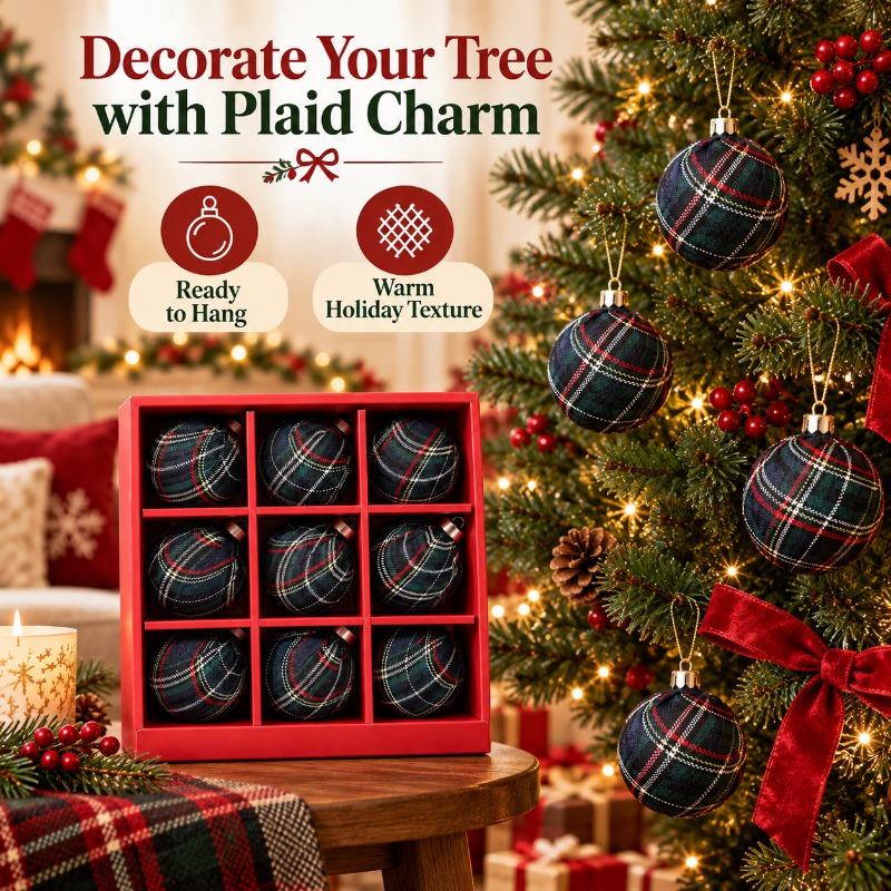9個入り、8cmの布で包んだチェック柄のクリスマスオーナメン - Gift Box Wrap Set のレビューと価格