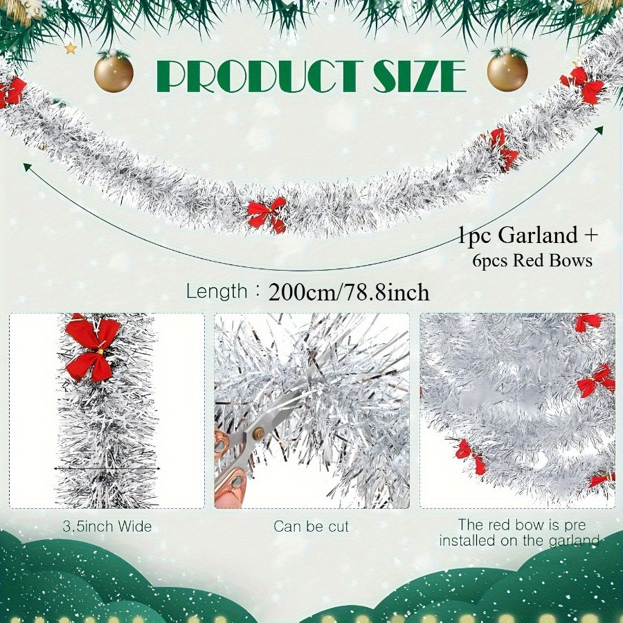 クリスマスティンセルガーランド、赤いリボン付きメタリックハン - Tinsel Garland Decoration のレビューと価格