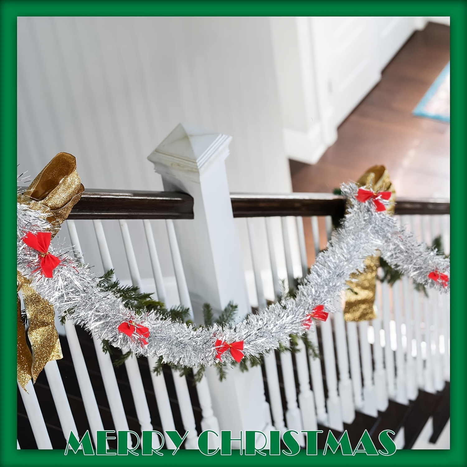 クリスマスティンセルガーランド、赤いリボン付きメタリックハン - Tinsel Garland Decoration のレビューと価格