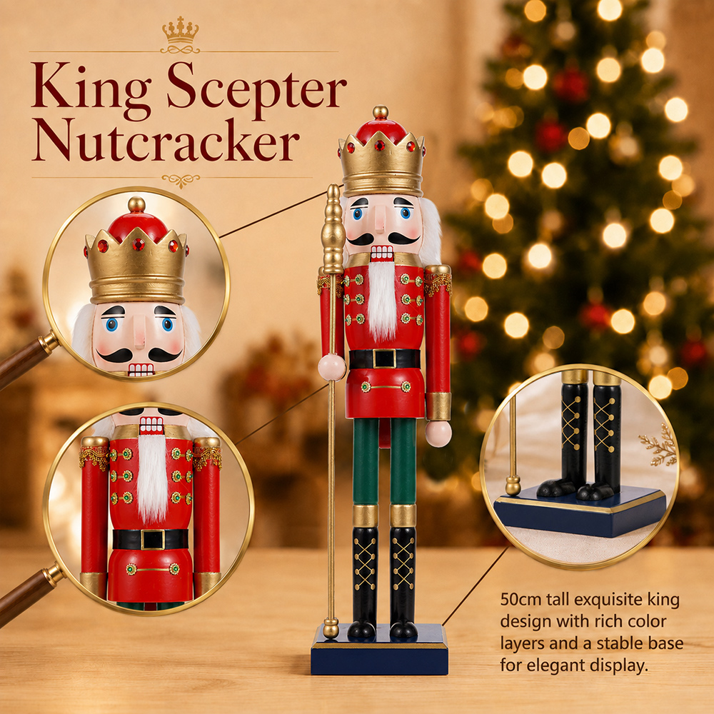 50CM木製くるみ割り人形王の杖人形工芸品パペット像クリスマ - Nutcracker Figurine のレビューと価格