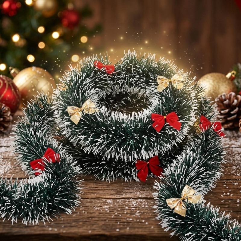 20/2m クリスマスティンセルガーランド リボン付き グリ - Tinsel Garland Decoration のレビューと価格