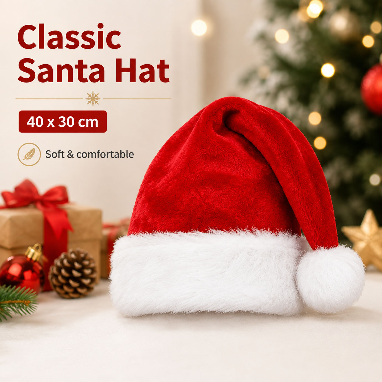 ふわふわの赤いサンタ帽子セット（ふわふわのつばと裏地付き）大 - Santa Hat Plush のレビューと価格